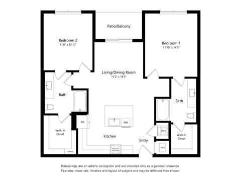 Floor plan for 2 beds, 2 baths, 1100 sqft